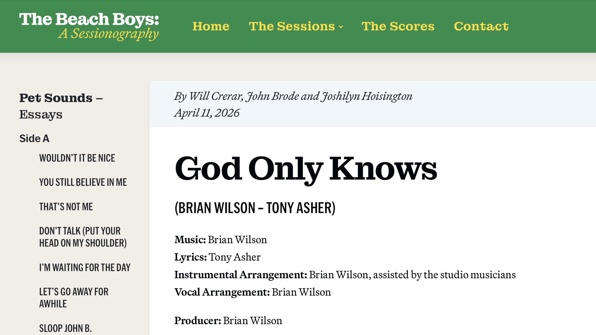 Screenshot of a sessionography for &lsquo;God Only Knows&rsquo;, from the Beach Boys&rsquo; Pet Sounds album.